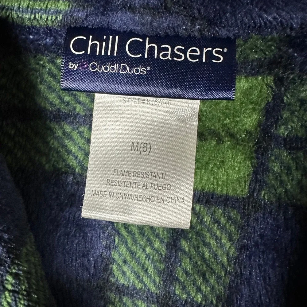 Cuddl‎ Duds Boys Medium 8 Navy Green Tartan Plaid Fleece Robe Warm Cozy Soft